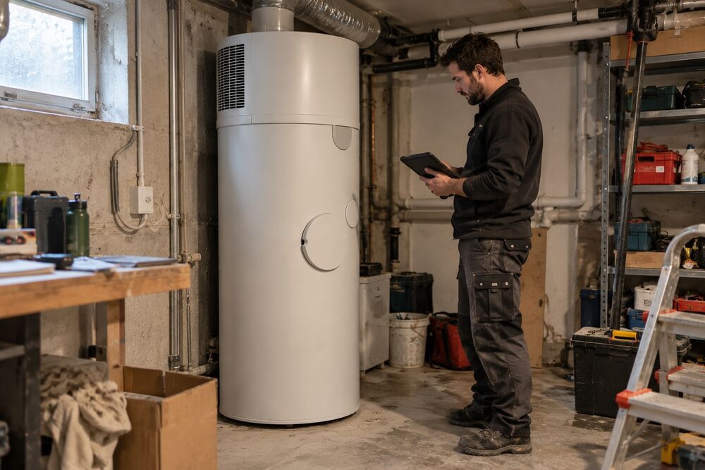 Beispiel: Wärmepumpen-Wassererwärmer, installiert in Keller-Raum. (Bild: Topten, KI-generiert)